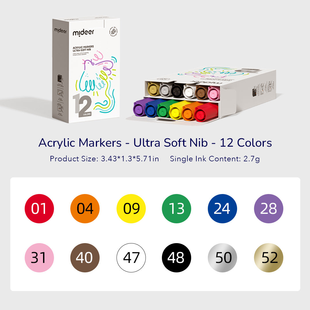 Set of 12 Acrylic Markers with Ultra Soft Nib for versatile strokes on various surfaces, ideal for artists and hobbyists, showing box and color palette.