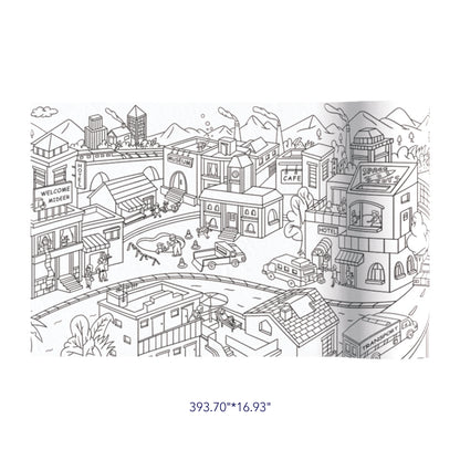 City themed giant coloring scroll for children showcasing diverse buildings and urban life elements,