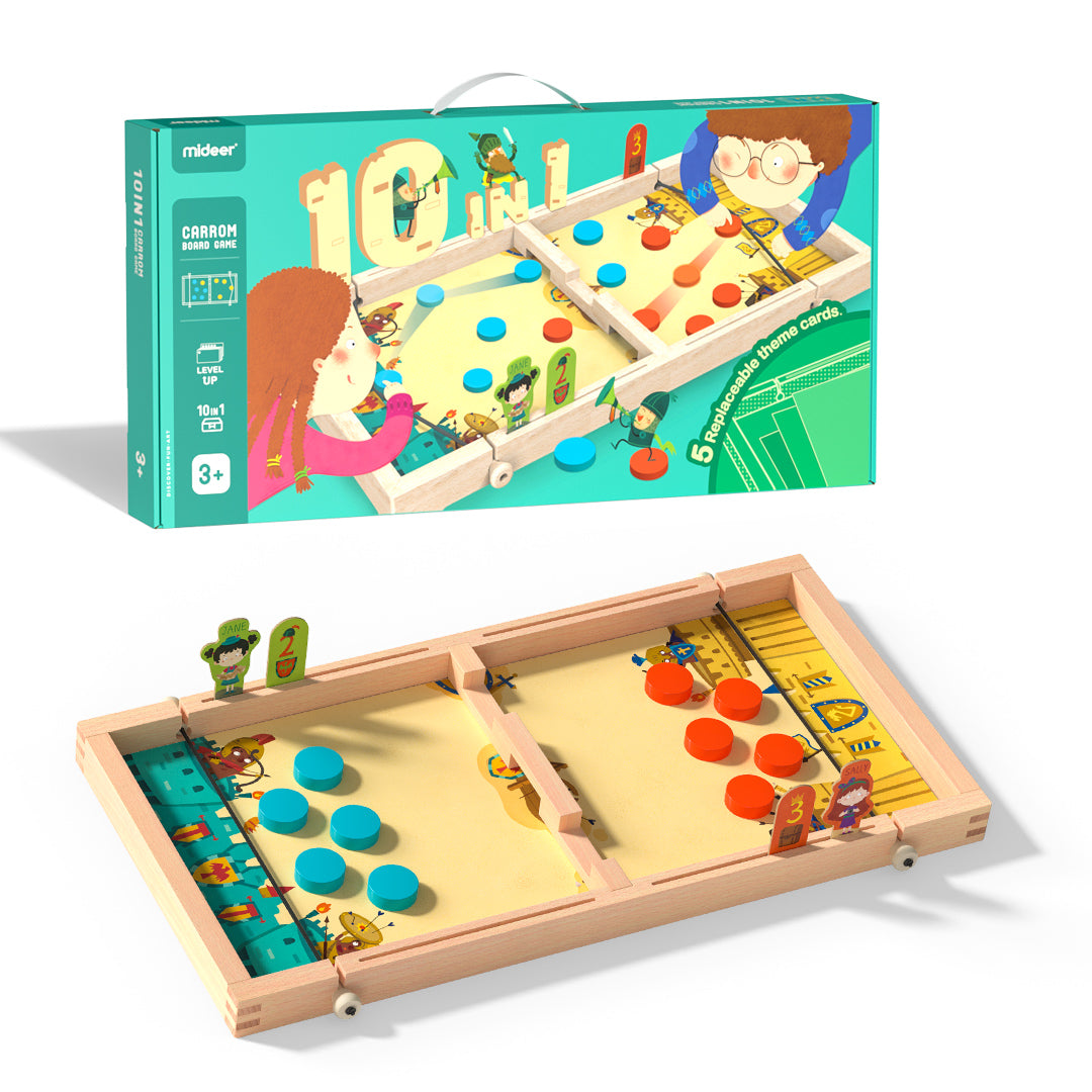 Multifunctional 10 in 1 Carrom board game set with colorful illustrations for children age 3 and up, showing the box and various game configurations.