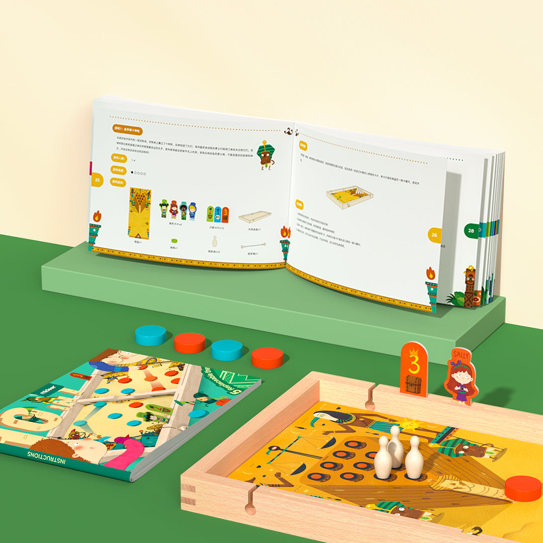 Children playing with 10 in 1 Carrom Board Game set, showcasing game pieces and instruction manual on a green table.