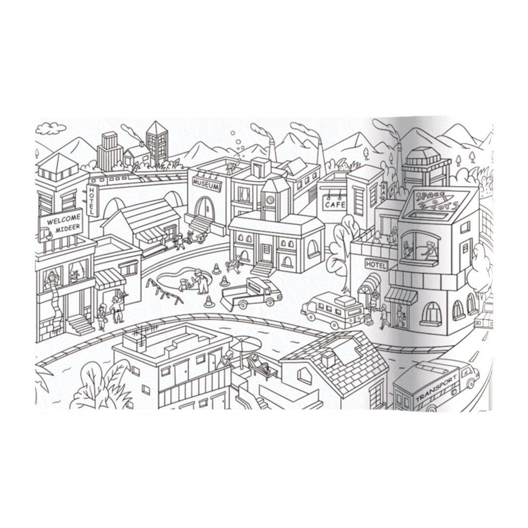 City-themed giant coloring scroll showcasing a diverse urban landscape design with buildings, streets, and vehicles for educational children&