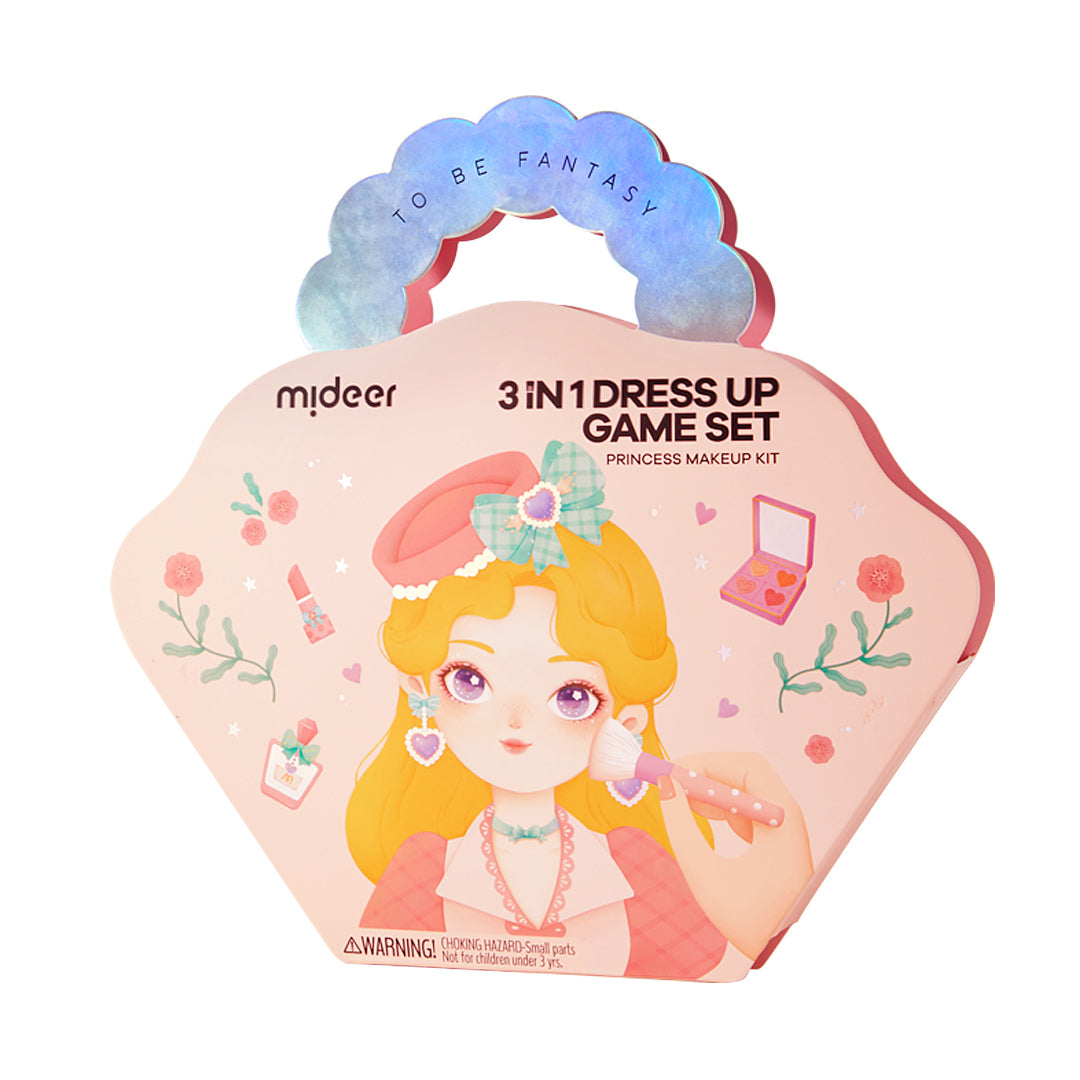 Princess Fantasy 3-in-1 Dress Up Game Set with makeup templates and stickers for creative play, suitable for children 3 years and up