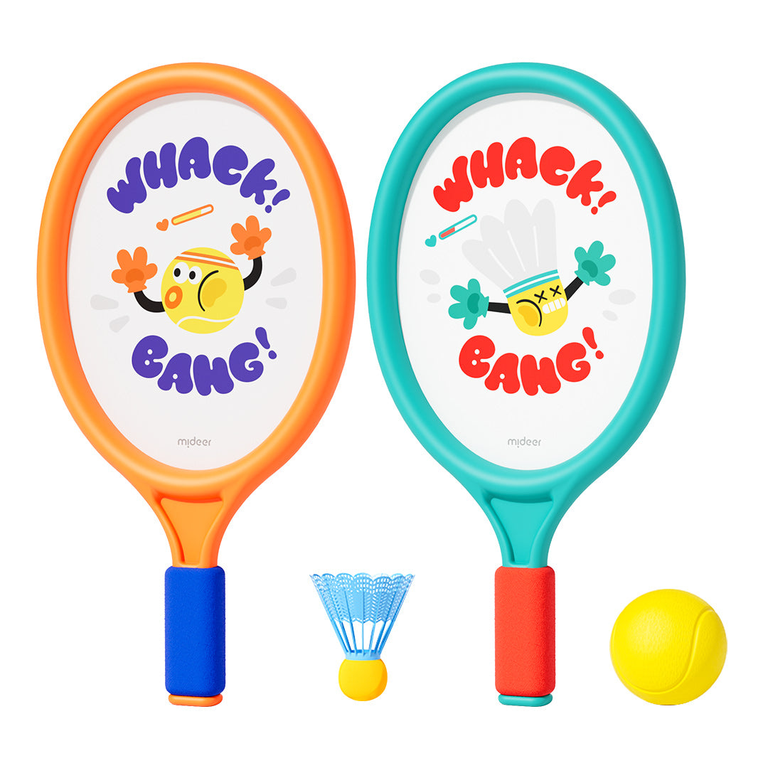 Kids 2-in-1 entry-level racket set with tennis and badminton accessories for interactive play, featuring non-slip grip and durable elastic fabric.