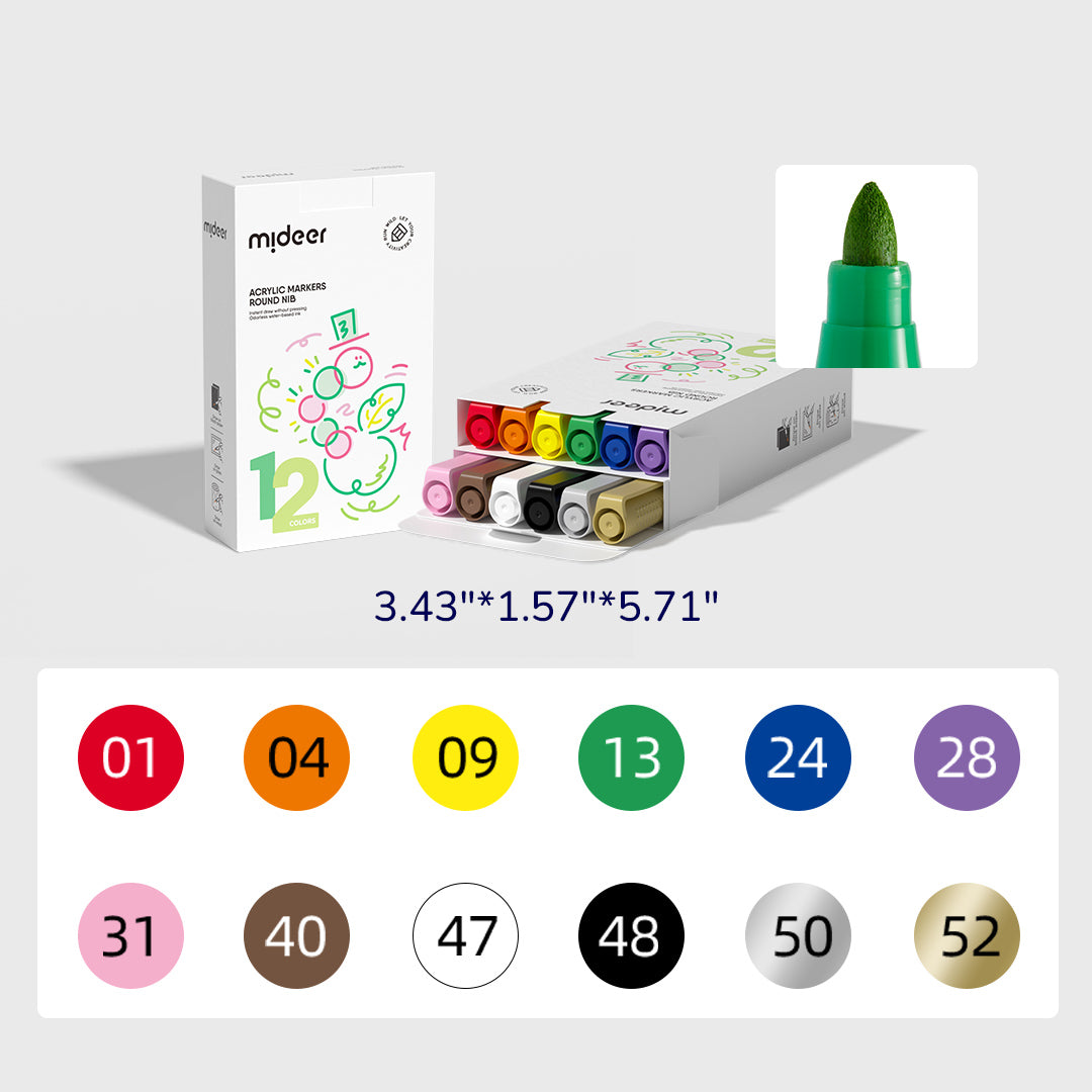 Set of 12 round nib acrylic markers with color swatches and packaging dimensions for easy grip and consistent line width, perfect for beginners&
