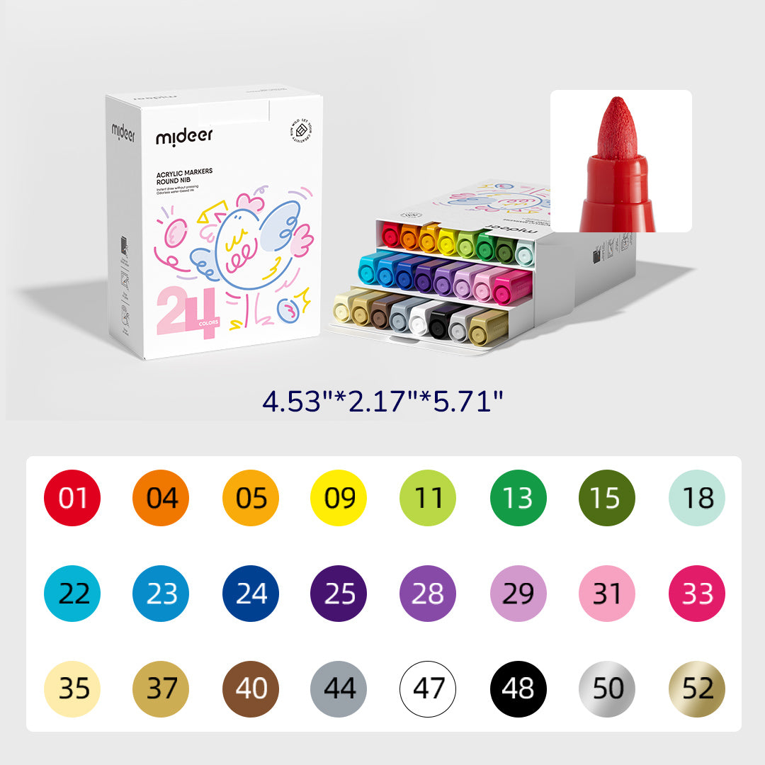 24-pack acrylic markers with round nib for beginners, assorted colors and packaging dimensions shown