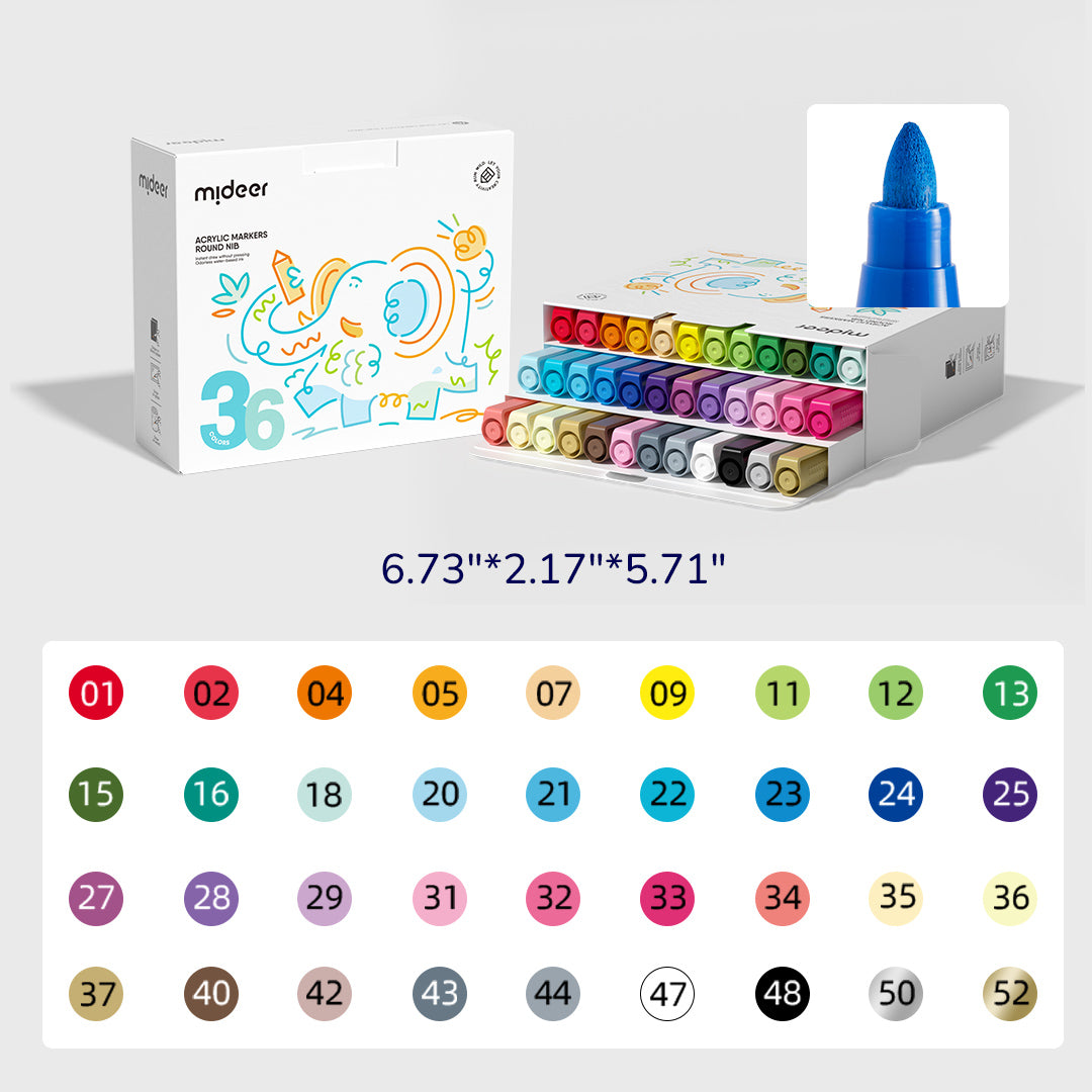 Set of 36 round nib acrylic markers for beginners with color chart and packaging box displaying dimensions and design.