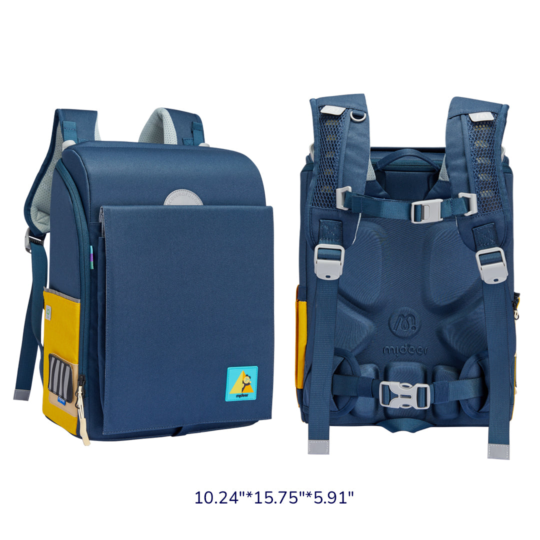 Blue ergonomic 3D waist-relief backpack for children with multi-compartment design and waterproof material, dimensions 10.24x15.75x5.91 displayed in two angles