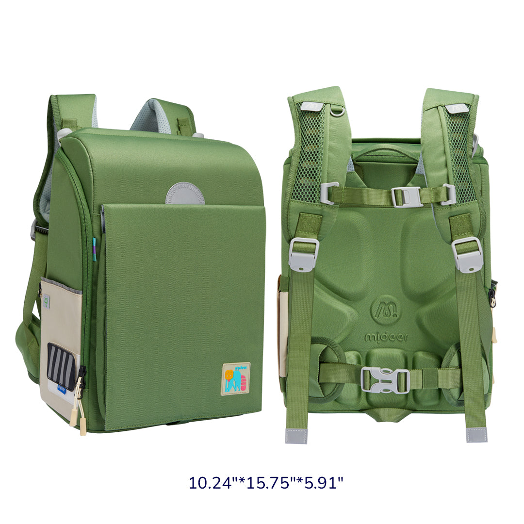 Ergonomic lush green 3D Waist-Relief Backpack for children with waterproof multi-compartment design and dimensions 10.24 inches by 15.75 inches by 5.91 inches.