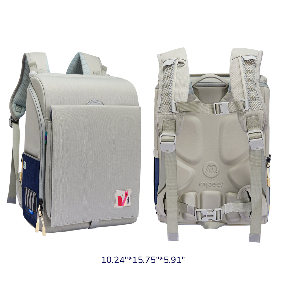 Ergonomic grey 3D Waist-Relief backpack for children with multi-compartment design and waterproof material, dimensions 10.24x15.75x5.91 inches.