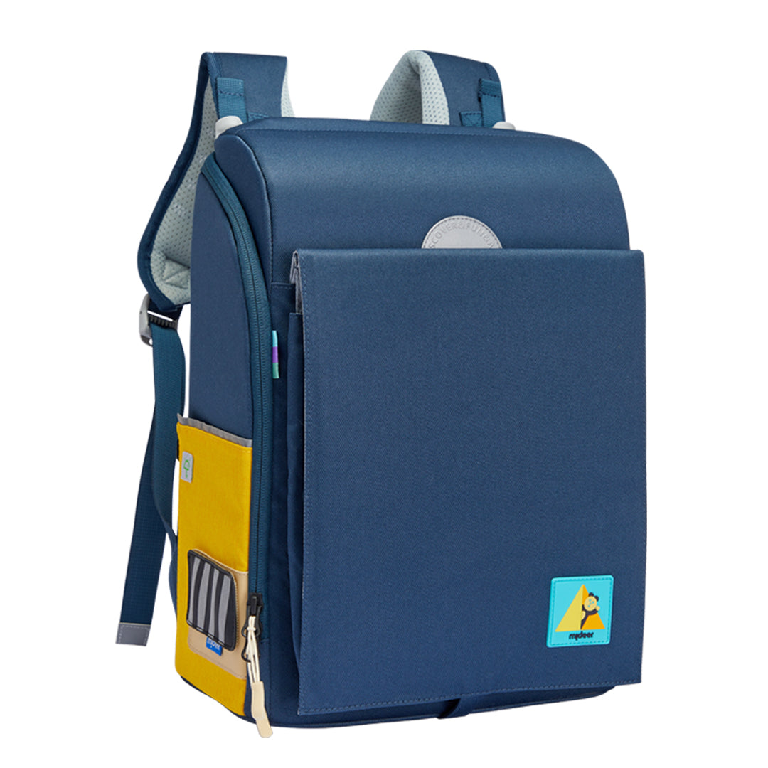 Ergonomic blue and yellow 3D waist-relief backpack for children with waterproof multi-compartment design.