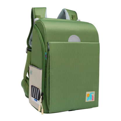 Ergonomic green 3D Waist-Relief Backpack for children aged 6+, with multi-compartment design and waterproof material.