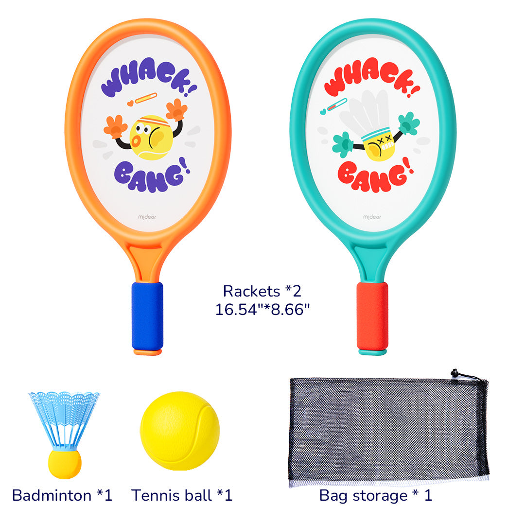 Kids 2-in-1 entry-level racket set with badminton and tennis configurations, non-slip grip handle, and net storage bag included.