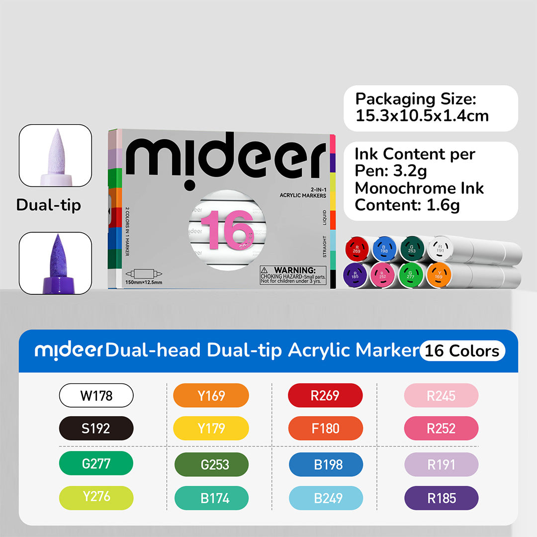 2-in-1 Dual Tip Two-Color Acrylic Markers – 16 Colors
