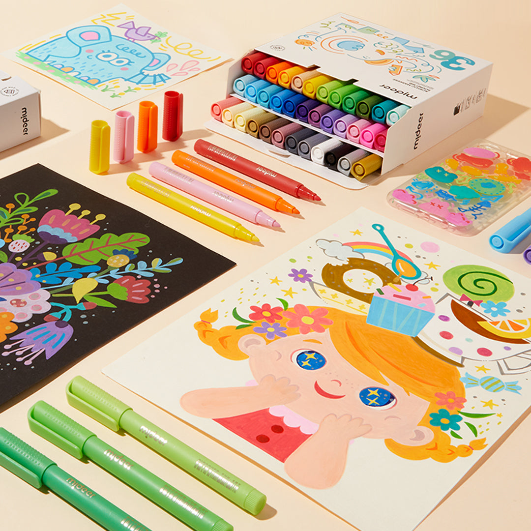 Set of 12 Acrylic Markers with Round Nib for Beginners displayed with colorful artwork samples and packaging on table.