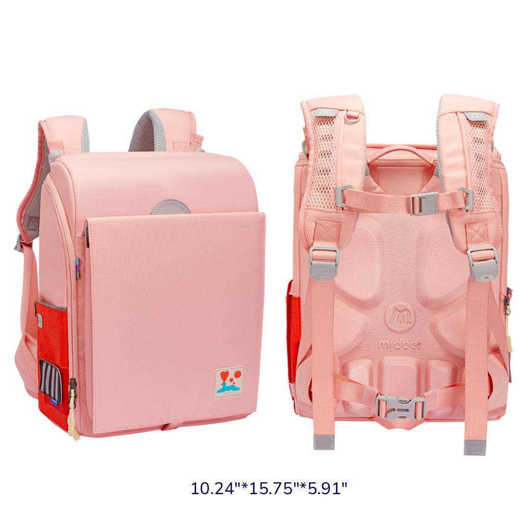 Sakura pink 3D waist-relief backpack for children showing ergonomic design, multiple compartments, and waterproof material with dimensions 10.24x15.75x5.91 inches