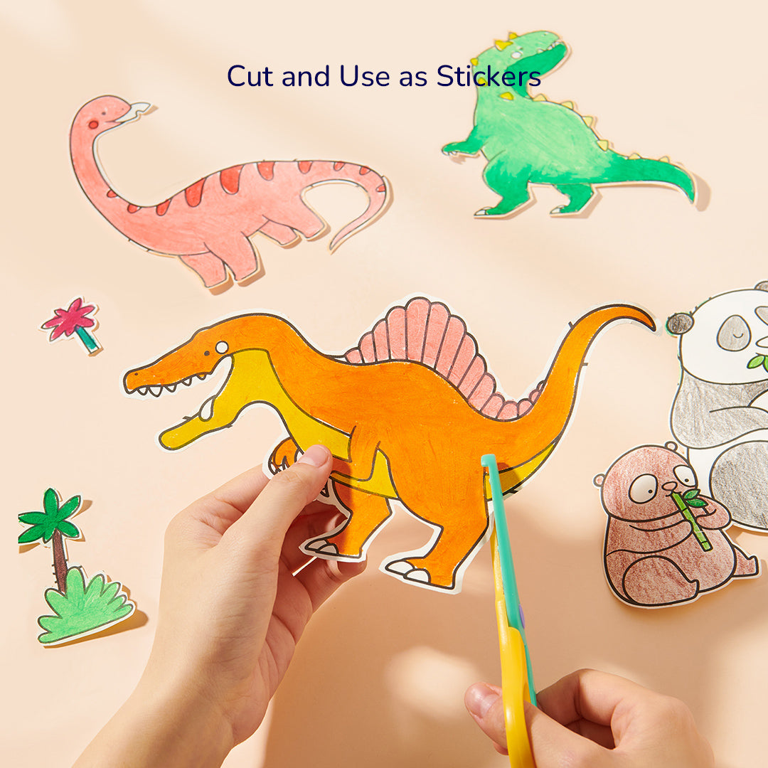 Child cutting out colored dinosaur stickers from the 10 Meter Giant Coloring Scroll designed for