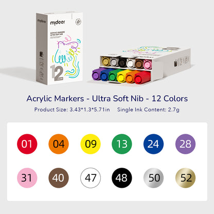Set of 12 Acrylic Markers with Ultra Soft Nib for versatile strokes on various surfaces, ideal for artists and hobbyists, showing box and color palette.