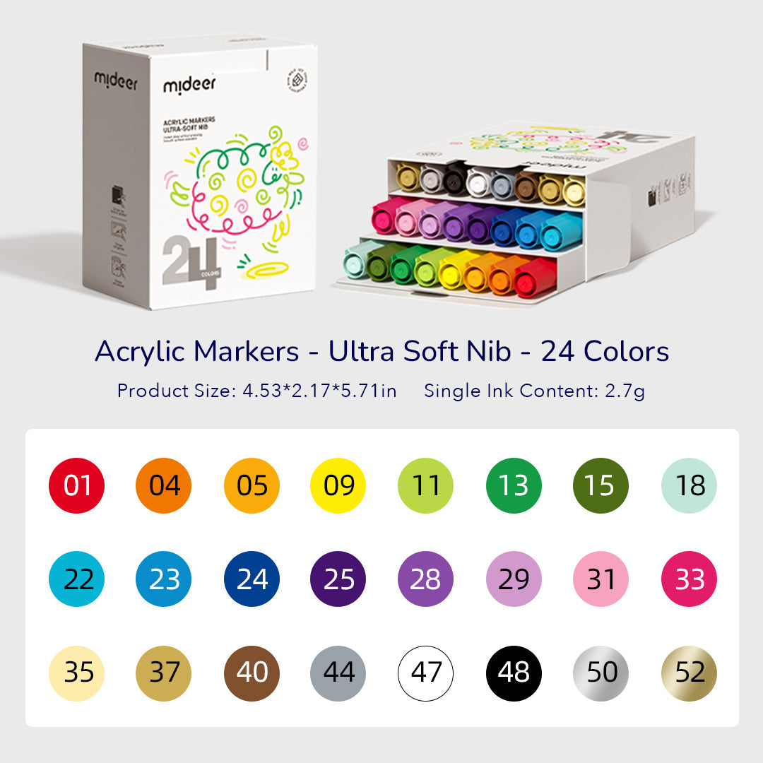 Set of 24 acrylic markers with ultra soft nibs for versatile art creation displayed alongside packaging box with color codes and product details.