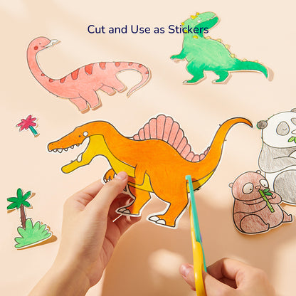 Child cutting out dinosaur and animal illustrations from coloring scroll with scissors, labeled &