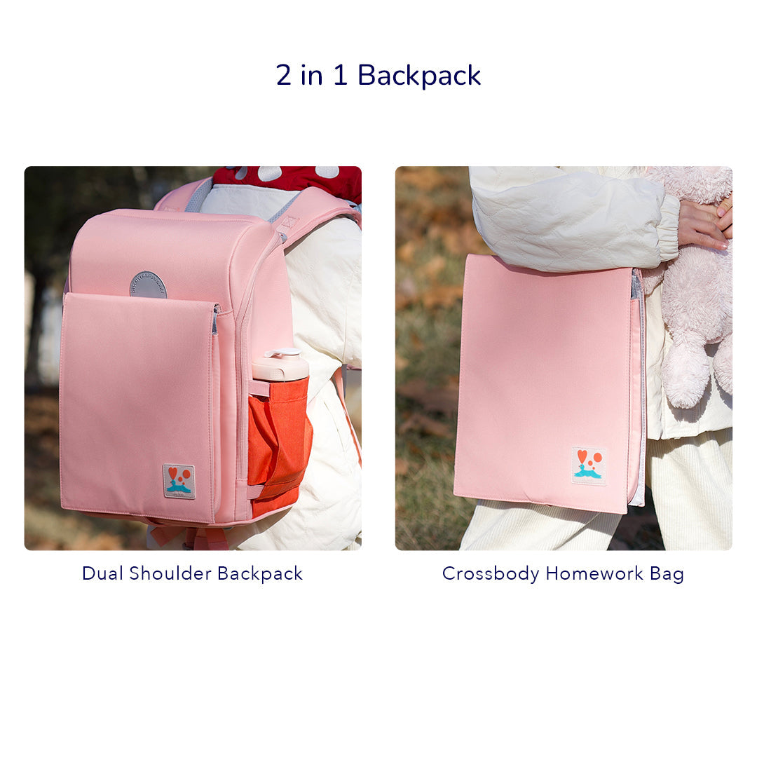 Sakura Pink 3D Waist-Relief Backpack shown as dual shoulder backpack and crossbody homework bag for children aged 6+