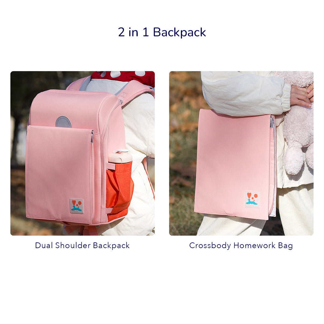 Ergonomic Cool Blue 3D Waist-Relief Backpack for children, shown as dual shoulder backpack and crossbody homework bag, waterproof and multi-compartment design.