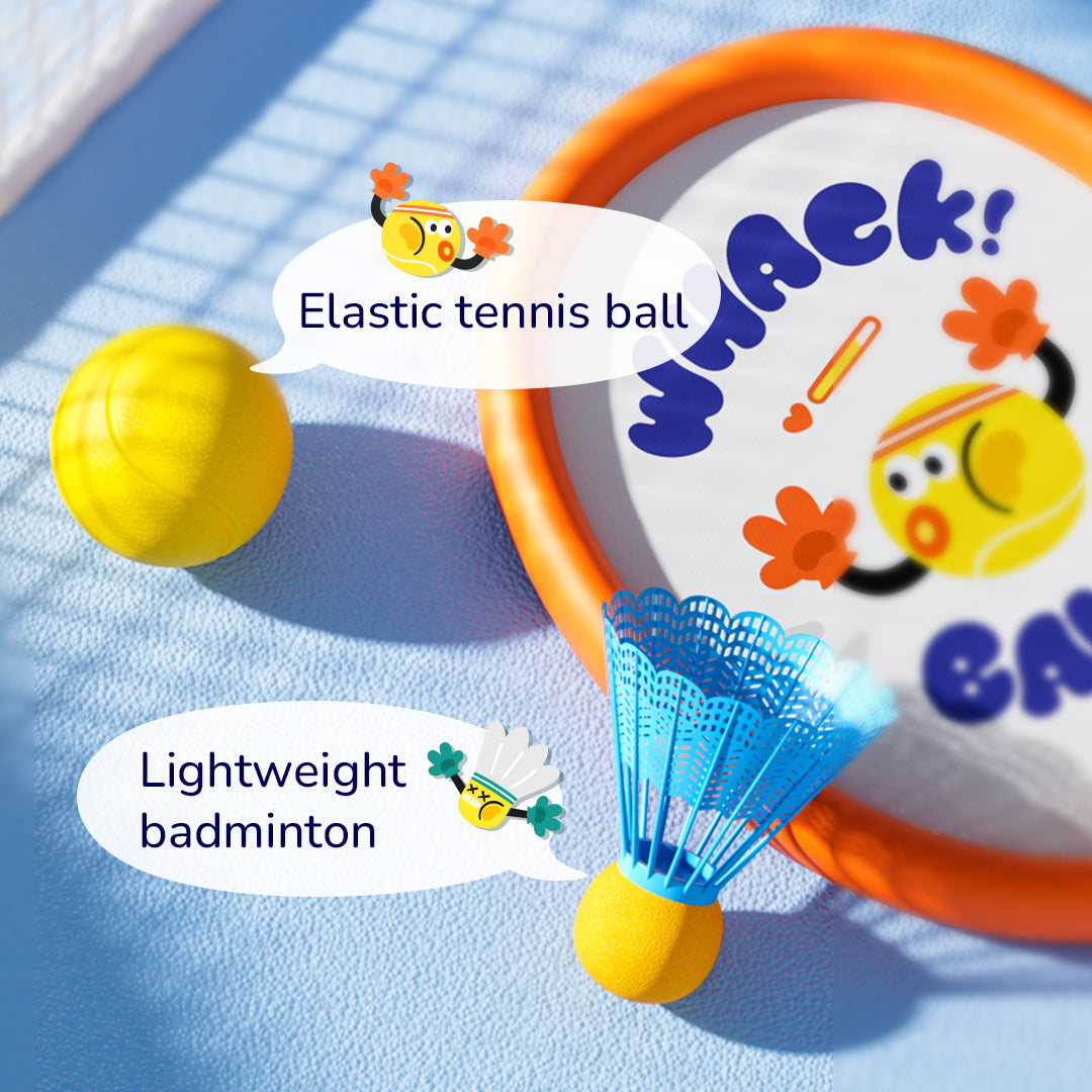 Kids 2-in-1 entry-level racket for tennis and badminton with elastic tennis ball and lightweight shuttlecock, ideal for children&