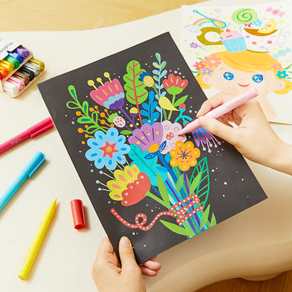 Child using round nib acrylic markers for creating vibrant floral artwork on black paper