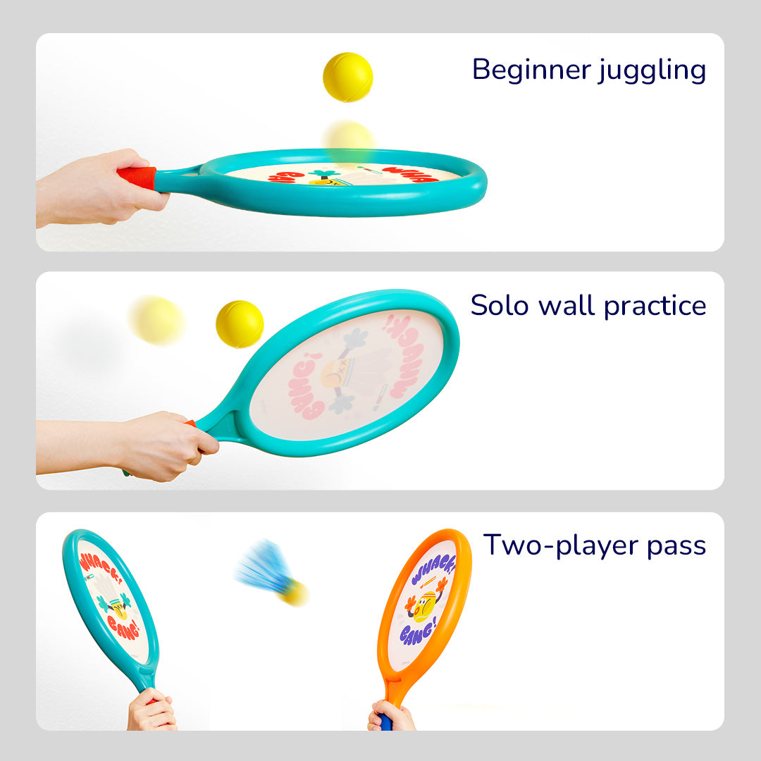 Kids using 2-in-1 entry-level tennis and badminton rackets for beginner juggling, solo wall practice, and two-player pass, with storage bag included.