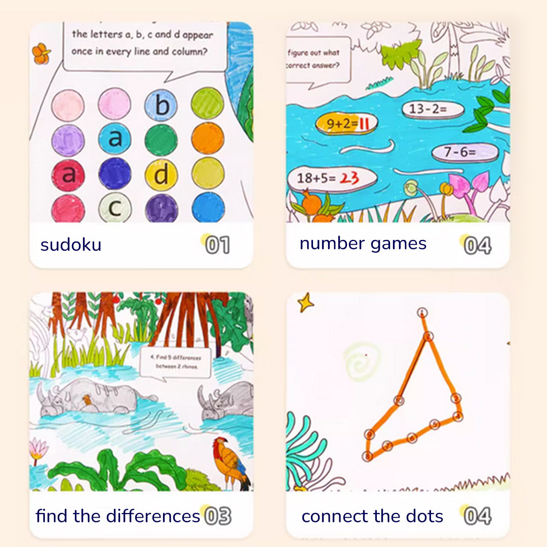Colorful sections of the 10 Meter Giant Coloring Scroll featuring Sudoku, number games, a find the differences jungle scene, and a connect the dots activity, designed for cognitive development and fun in children aged 3 and up.