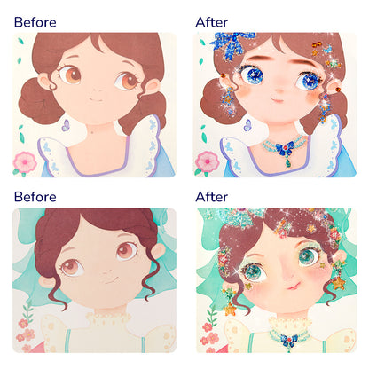 Before and after comparison of princess makeup and accessory application from 3-in-1 Dress Up Game Set for kids.
