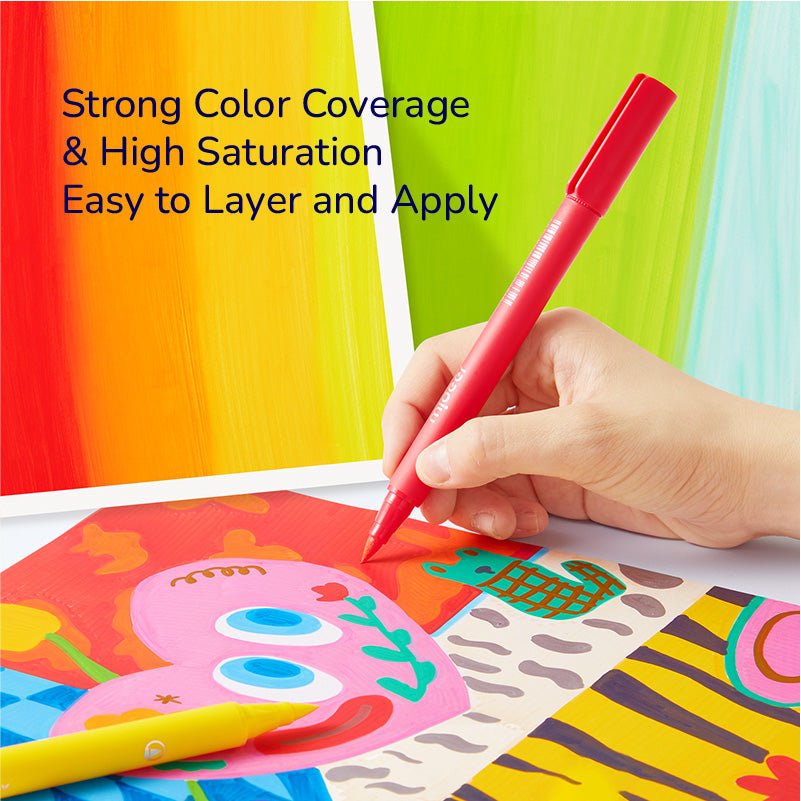 Hand using an Ultra Soft Nib Acrylic Marker on colorful artwork demonstrating strong color coverage and ease of layering