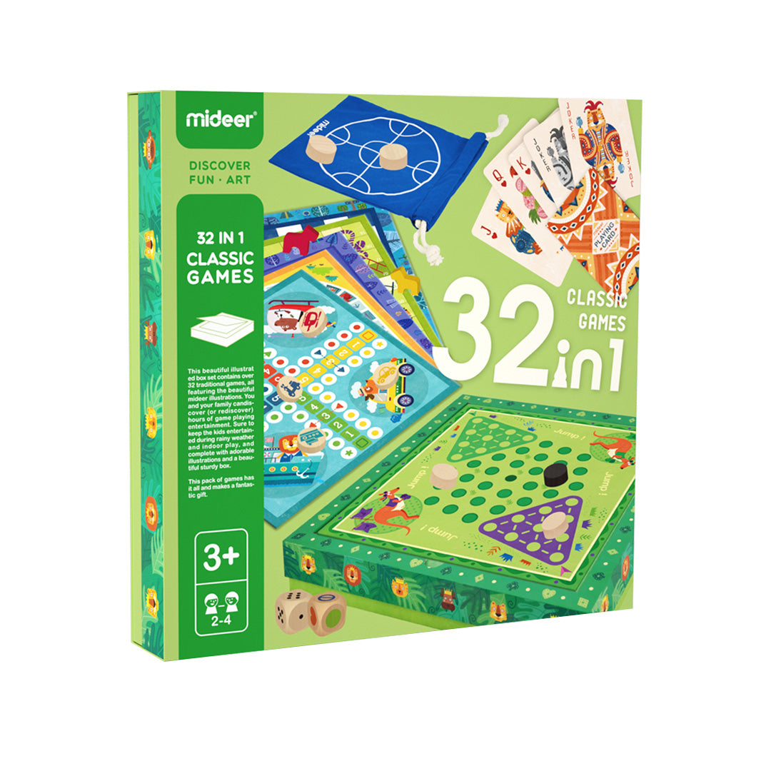 32 in 1 Classic Games board game set with multiple game boards and pieces for children aged 3 and up.