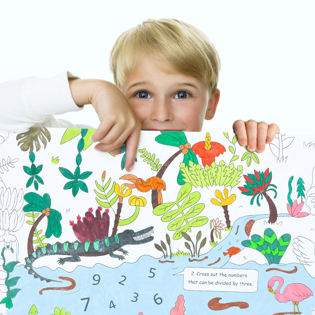 Child interacting with 10 meter giant jungle themed coloring scroll using soybean ink, suitable for children aged 3 and up.