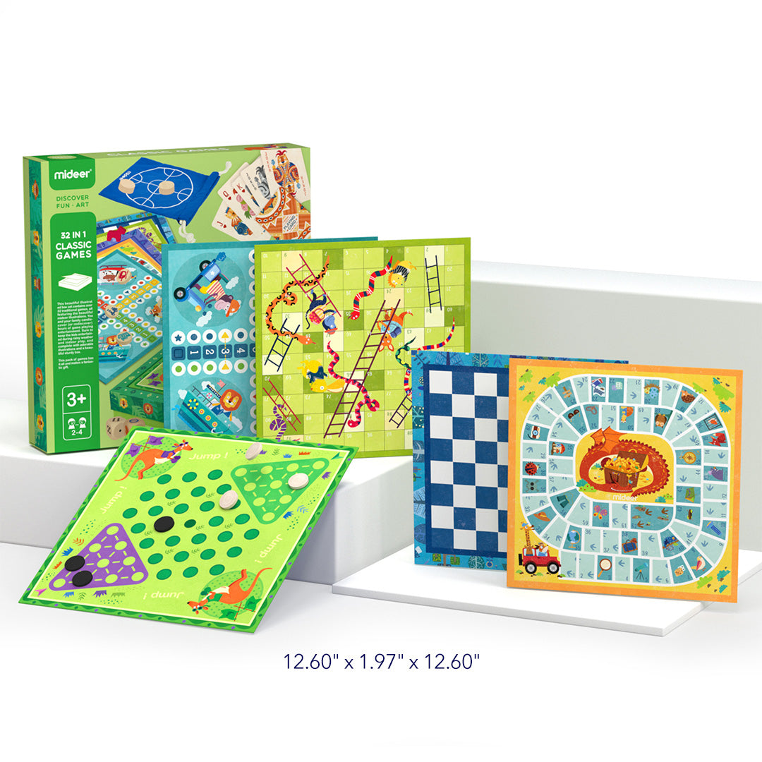32 in 1 classic family board games set with snakes and ladders and treasure hunter for children, displayed with box and multiple game boards.