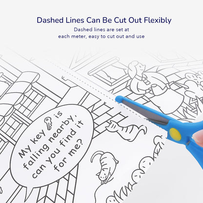 Child cutting along dashed lines on 10 meter giant city themed coloring scroll with educational city elements, scissors in hand.